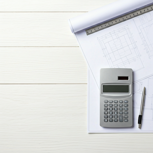 Aufsicht auf einen professionellen Schreibtisch mit Metallrechner, Bauplänen und präzisen Arbeitswerkzeugen auf heller Oberfläche.